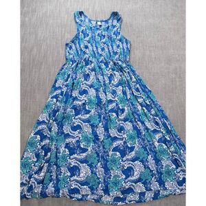 Kaktus Blue Sea Turtle Paisley Smocked Midi Dress Womens Large Sleeveless Rayon